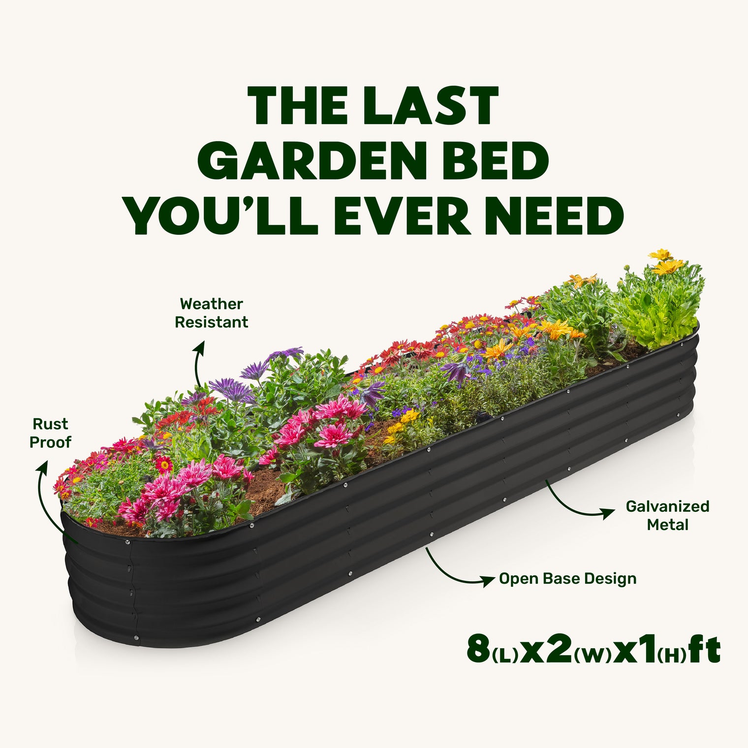 8x2x1 ft Black Oval Raised Garden Bed