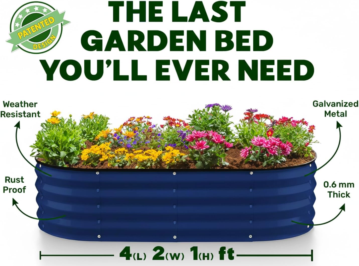 4x2x1 ft Navy Oval Raised Garden Bed