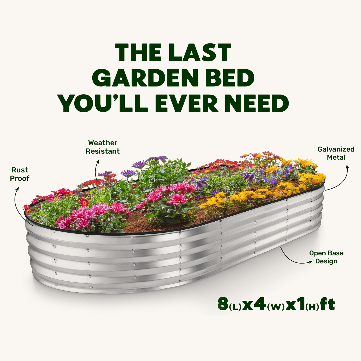 8x4x1 ft Silver 2 Pcs Oval Raised Garden Bed