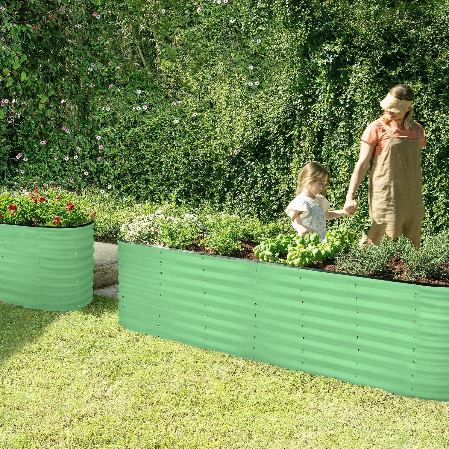 raised beds for gardening with mother and child in the garden
