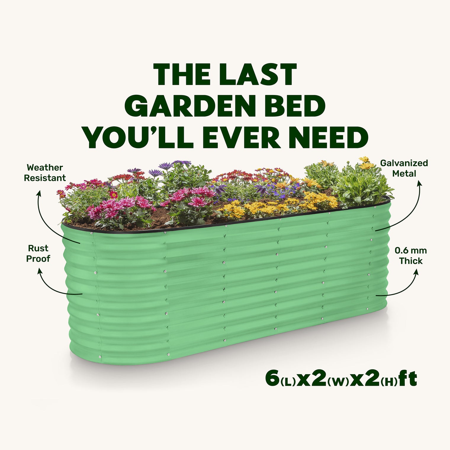 6x2x2 ft Light Green Oval Raised Garden Bed