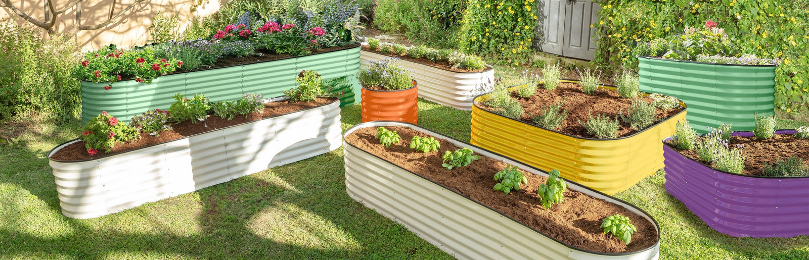 colorful raised garden bed on green grass