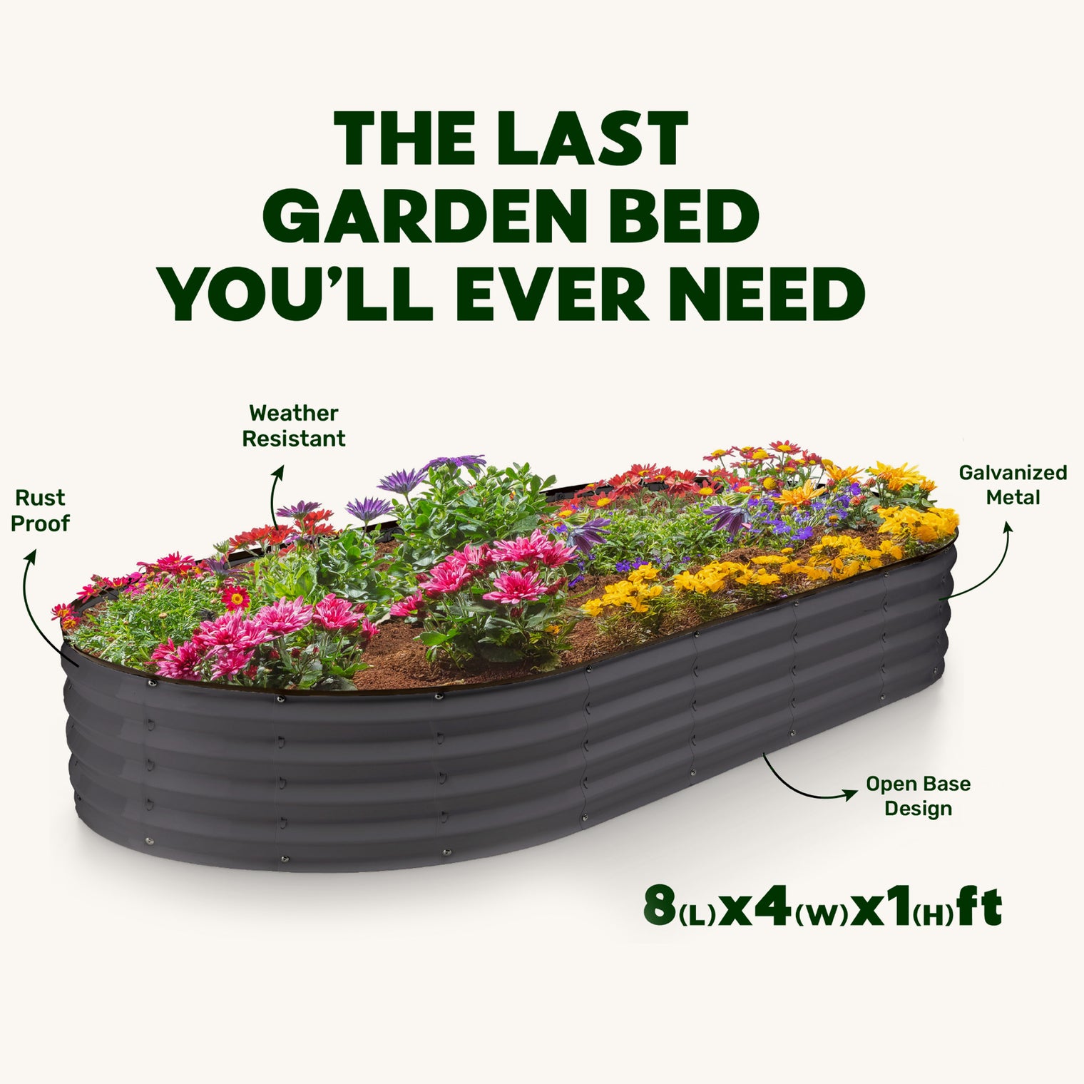 8x4x1 ft Gray Oval Raised Garden Bed