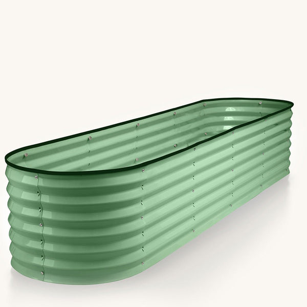 galvanized steel raised garden bed in light green