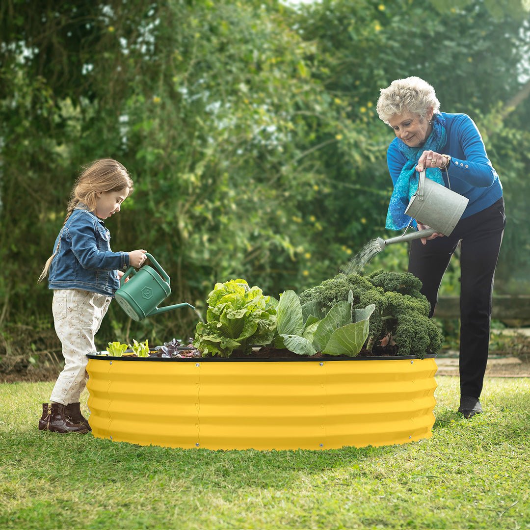 yellow galvanized raised garden bed