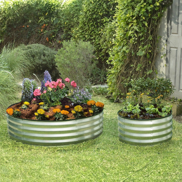 raised garden beds with flowers and plants