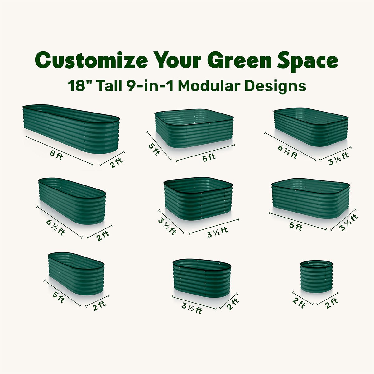 9 in 1 Modular Dark Green Raised Garden Bed 8×2×1.5 ft