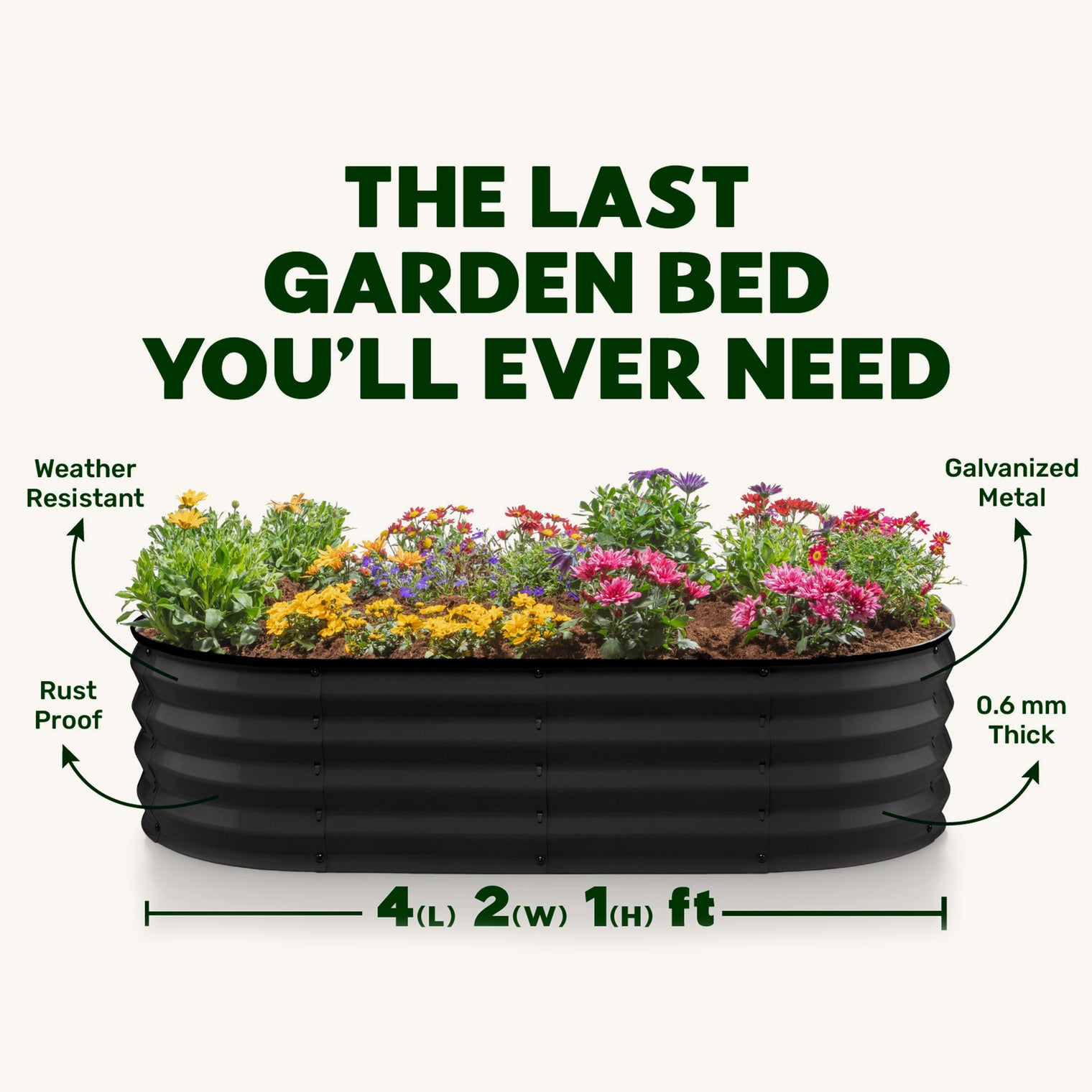 4x2x1 ft Black Oval Raised Garden Bed