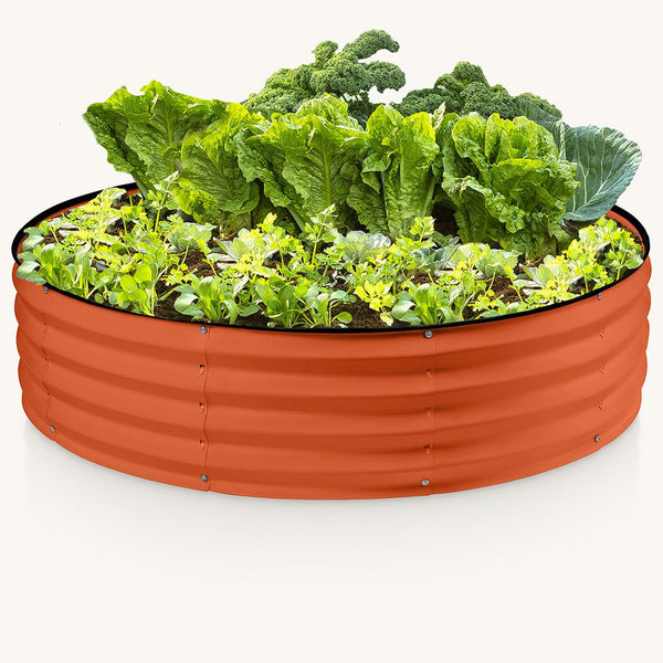 Orange planters for outdoor plants with plants inside