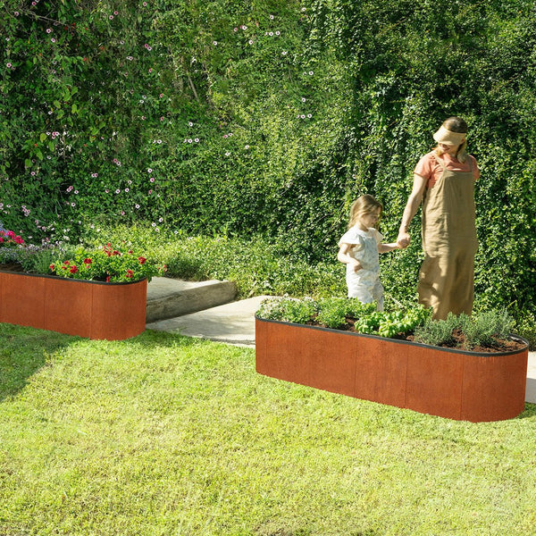 metal raised garden bed with mother and child in the garden