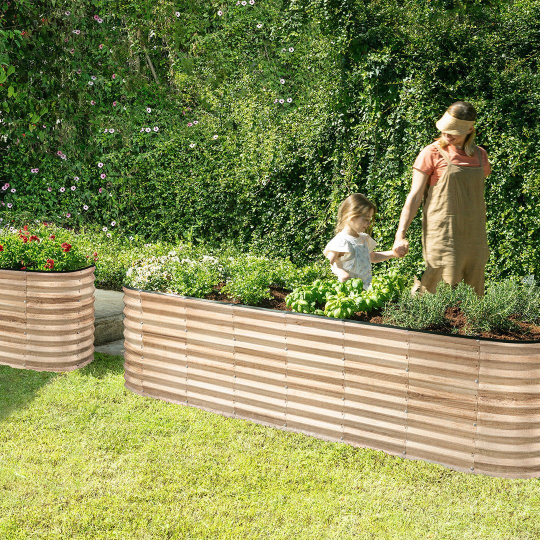 mother and child raised garden beds outdoor