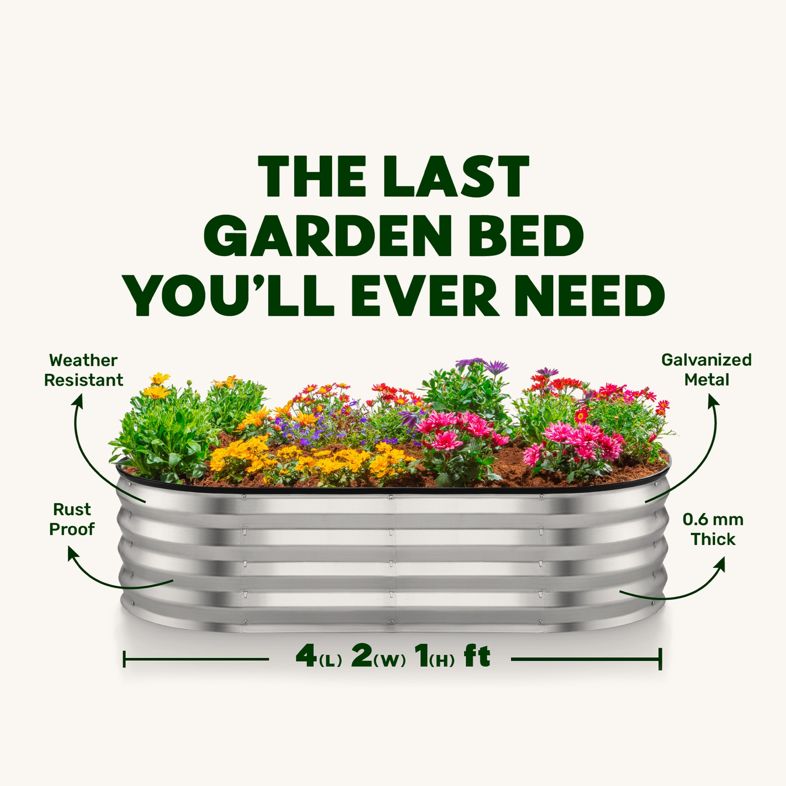 4x2x1 ft Silver Oval Raised Garden Bed – Plant & Plot