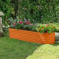 orange metal garden bed in a garden