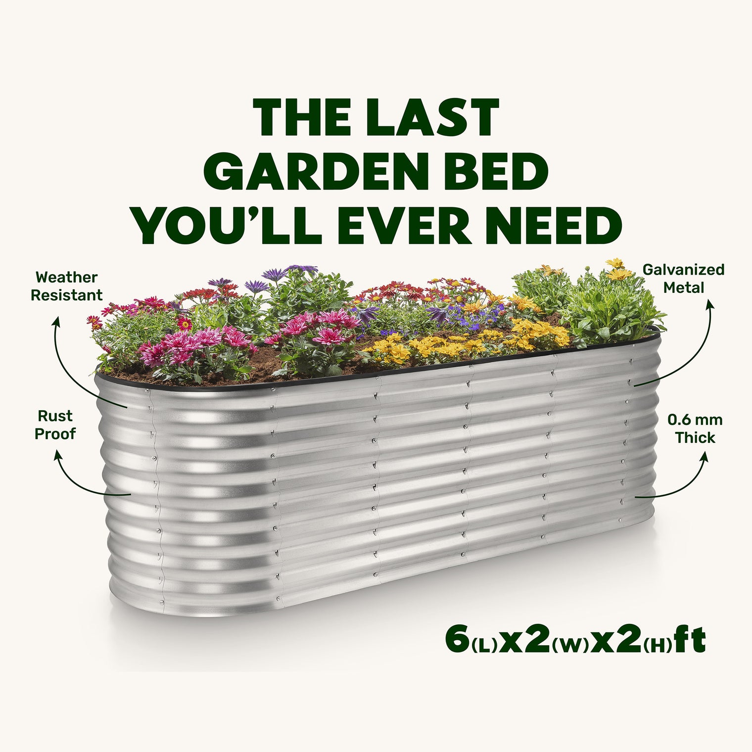 6x2x2 ft Silver Oval Raised Garden Bed