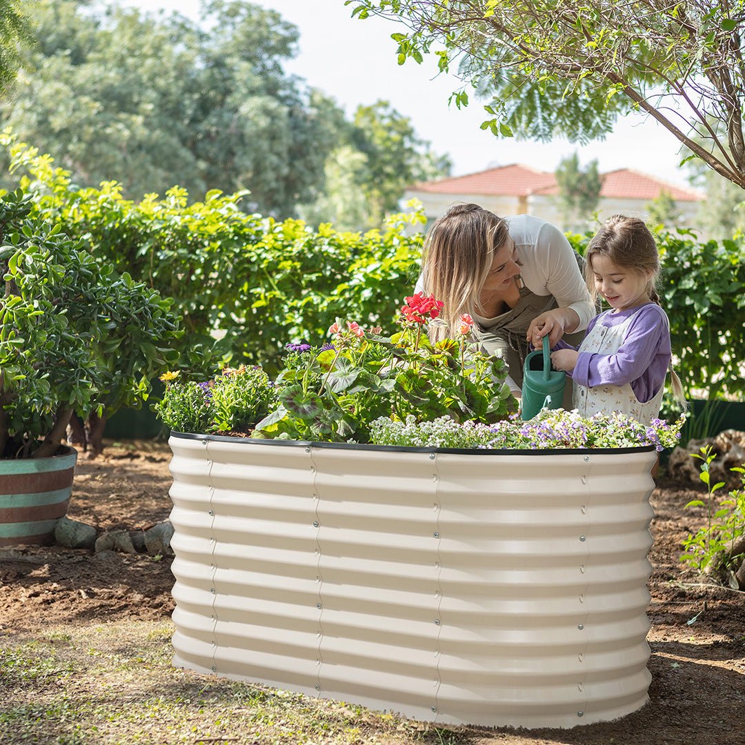 mother and child planting metal raised beds for gardening