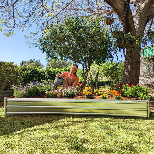 garden beds outdoor with a woman planting