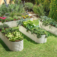 galvanized steel raised garden beds in a garden